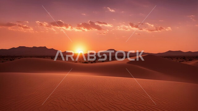 التكوينات والتشكيلات  من الرمال الذهبية في صحراء شبه الجزيرة العربية، التضاريس والبيئة الجافة في الطبيعة الصحراوية، الكثبان والتلال الرملية الناعمة المتشكلة في الصحاري الخليجية, منظر غروب الشمس في السماء فوق حبات الرمل اللامعة
