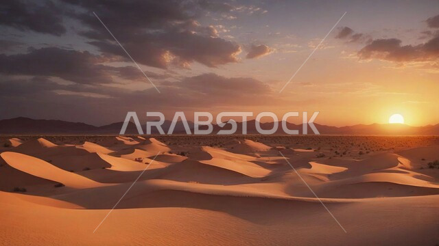 التكوينات والتشكيلات  من الرمال الذهبية في صحراء شبه الجزيرة العربية، التضاريس والبيئة الجافة في الطبيعة الصحراوية، الكثبان والتلال الرملية الناعمة المتشكلة في الصحاري الخليجية, منظر غروب الشمس في السماء فوق حبات الرمل اللامعة