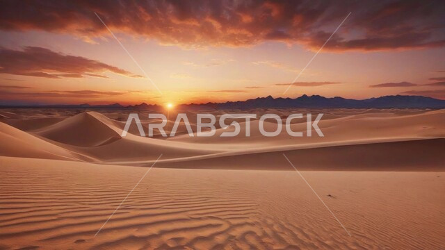 التضاريس والبيئة الجافة في الطبيعة الصحراوية، الكثبان والتلال الرملية الناعمة المتشكلة في الصحاري الخليجية, التكوينات والتشكيلات  من الرمال الذهبية في صحراء شبه الجزيرة العربية، منظر غروب الشمس في السماء فوق حبات الرمل اللامعة