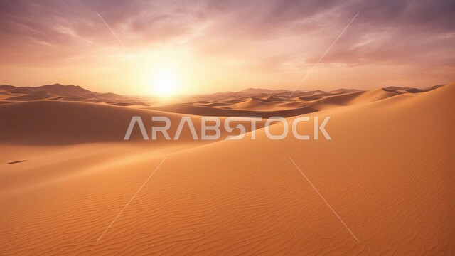 التضاريس والبيئة الجافة في الطبيعة الصحراوية، الكثبان والتلال الرملية الناعمة المتشكلة في الصحاري الخليجية, التكوينات والتشكيلات  من الرمال الذهبية في صحراء شبه الجزيرة العربية، منظر غروب الشمس في السماء فوق حبات الرمل اللامعة