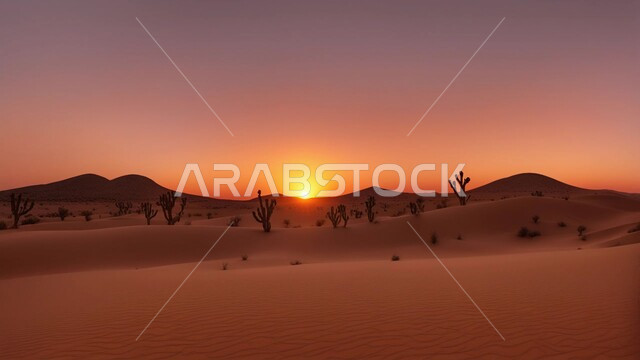 التضاريس والبيئة الجافة في الطبيعة الصحراوية، الكثبان والتلال الرملية الناعمة المتشكلة في الصحاري الخليجية, التكوينات والتشكيلات  من الرمال الذهبية في صحراء شبه الجزيرة العربية، منظر غروب الشمس في السماء فوق حبات الرمل اللامعة