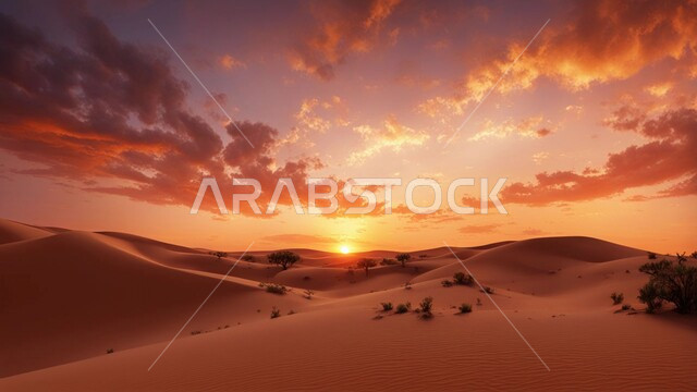 التضاريس والبيئة الجافة في الطبيعة الصحراوية، الكثبان والتلال الرملية الناعمة المتشكلة في الصحاري الخليجية, التكوينات والتشكيلات  من الرمال الذهبية في صحراء شبه الجزيرة العربية، منظر غروب الشمس في السماء فوق حبات الرمل اللامعة