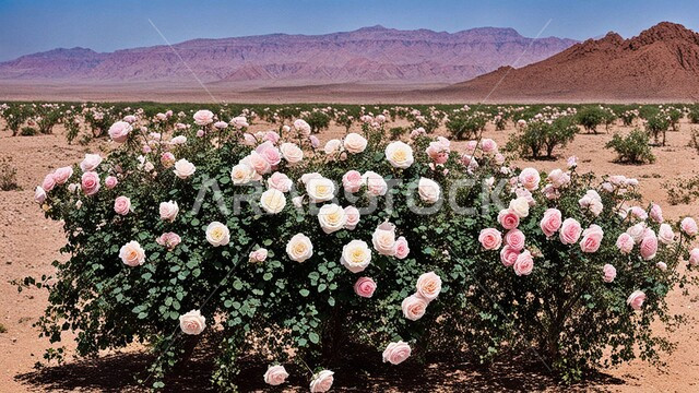 نمو الورود الملونة في صحاري المملكة العربية السعودية, الزهور العطرية الصحراوية, الرمال الذهبية الناعمة, صورة مقربة لمجموعة من الأزهار المتفتحة في الصحراء