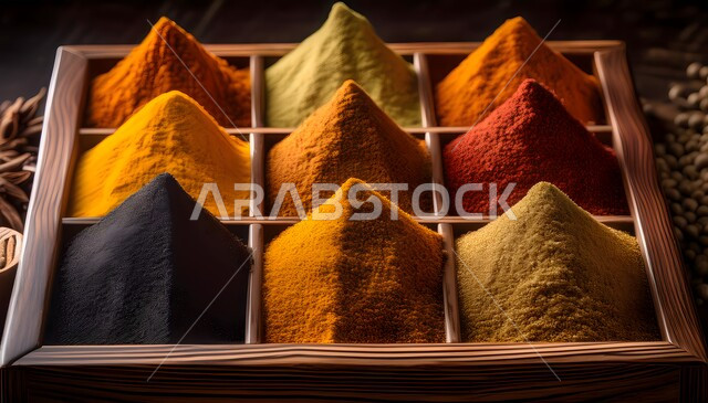 Traditional popular markets for selling spices and aromatics, displaying colorful and diverse spices artistically in a wooden box divided into groups, agricultural crops and local Saudi national products, plants with health and therapeutic benefits, natural flavors and colorants for foods and meals