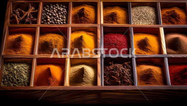 الأسواق التقليدية الشعبية لبيع البهارات والعطريات، عرض التوابل الملونة والمتنوعة بشكل فني في صندوق خشبي مقسم إلى مجموعات، محاصيل زراعية و منتجات وطنية محلية سعودية، نباتات ذات فوائد صحية وعلاجية، منكهات وملونات طبيعية للمأكولات والأطعمة