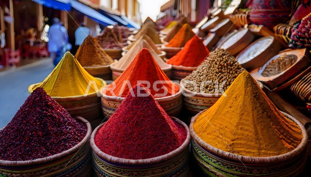 عرض التوابل الملونة والمتنوعة بشكل فني في سلات وأكياس من القش، محاصيل زراعية و منتجات وطنية محلية سعودية، نباتات ذات فوائد صحية وعلاجية، منكهات وملونات طبيعية للمأكولات والأطعمة، الأسواق التقليدية الشعبية لبيع البهارات والعطريات