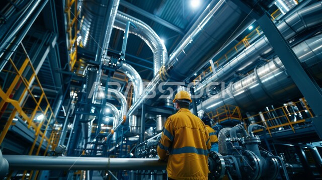 مفهوم الهندسة و الصناعية، مراقبة جودة إنتاج القضبان الحديدية، استخدام الأجهزة والتقنيات الحديثة والمتطورة في المجالات الهندسية، صورة مقربة من الخلف لمهندس صناعي عربي خليجي سعودي في مصنع الحديد يرتدي خوذة الحماية الخاصة بالعمل