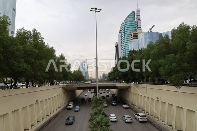 حركة مرور السيارات في المملكة العربية السعودية، منظر السماء المليئة بالغيوم البيضاء نهارا، الطرق والشوارع المعبدة،  نمط الحياة في البلد، التطور والتقدم العمراني، الفن الهندسي المعماري للأبراج في مدينة الرياض، الاهتمام بزراعة الأشجار والمروج والنباتات الخضراء