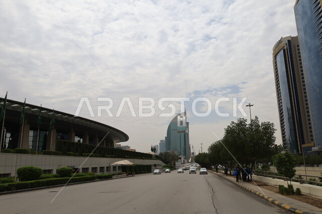  نمط الحياة في البلد، التطور والتقدم العمراني، الفن الهندسي المعماري للأبراج في مدينة الرياض، الاهتمام بزراعة الأشجار والمروج والنباتات الخضراء، حركة مرور السيارات في المملكة العربية السعودية، منظر السماء المليئة بالغيوم البيضاء نهارا، الطرق والشوارع المعبدة
