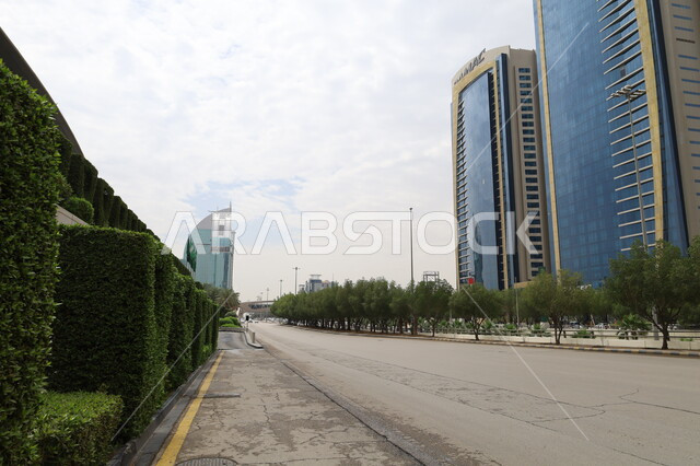 الطرق والشوارع المعبدة، نمط الحياة في البلد، التطور والتقدم العمراني، الفن الهندسي المعماري للأبراج في مدينة الرياض، الاهتمام بزراعة الأشجار والمروج والنباتات الخضراء، حركة مرور السيارات في المملكة العربية السعودية، منظر السماء المليئة بالغيوم البيضاء نهارا