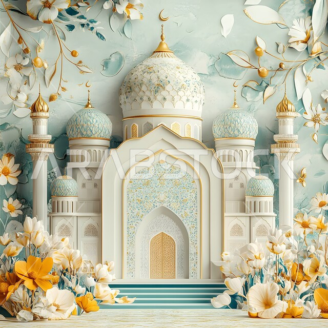 مناسبات وأعياد دينية إسلامية، مجسم ثلاثي الأبعاد لمسجد باللون الابيض والازرق, تصاميم وديكورات متميزة ، زخارف اسلاميه ثري دي، خلفية المولد النبوي الأنيقة, رسوم توضيحية دقيقة