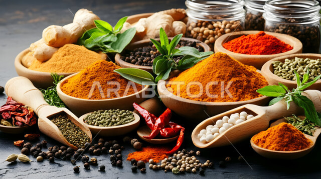 الاسواق التقليدية الشعبية لبيع البهارات، عرض التوابل الملونة والمتنوعة في الاسواق، منكهات وملونات طبيعية للمأكولات والأطعمة، نباتات ذات فوائد صحية وعلاجية، منتجات ومحاصيل زراعية وطنية محلية سعودية