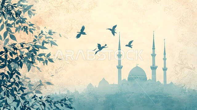 رسوم توضيحية ثلاثية الابعاد ، العبادة والتقرب إلى الله تعالى ، آداء الفرائض والصلوات، الفن الهندسي المعماري للقبب والمآذن الملونة على الطراز الحديث،زينة الاعياد والمناسبات الدينية, خلفية المولد النبوي الشريف