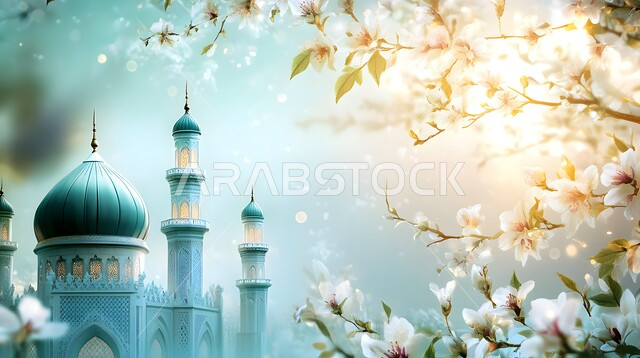 Worship and getting closer to God Almighty, performing religious duties and prayers, architectural engineering art of colorful domes and minarets in modern style, decorations for religious holidays and occasions, 3D illustrations, background of the Prophet’s birthday