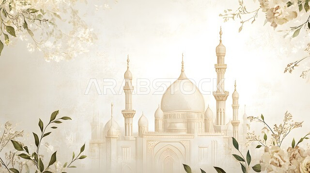 Performing religious duties and prayers, architectural engineering art of colorful domes and minarets in modern style, worship and drawing closer to God Almighty, decorations for religious holidays and occasions, 3D illustrations, background of the Prophet’s birthday