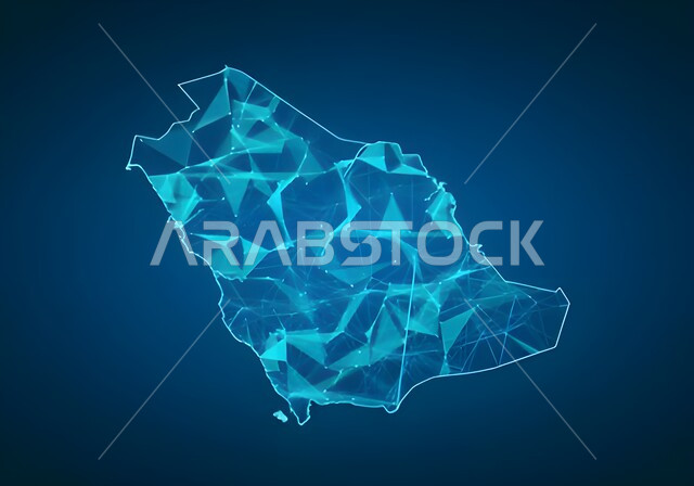 التطور الرقمي والنمو التكنولوجي في مجال الذكاء الإصطناعي، اتصال الشبكة العالمية، رسوم هولوجراميه ثلاثية الابعاد لخريطة المملكة العربية السعودية، رؤية مستقبلية 2030