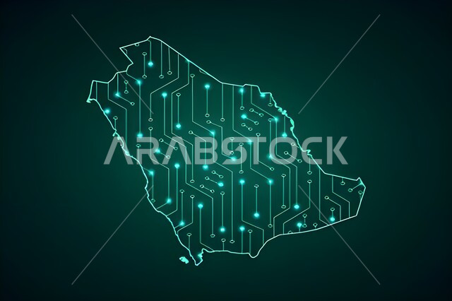 التطور الرقمي والنمو التكنولوجي في مجال الذكاء الإصطناعي، اتصال الشبكة العالمية، رسوم هولوجراميه ثلاثية الابعاد لخريطة المملكة العربية السعودية، رؤية مستقبلية 2030