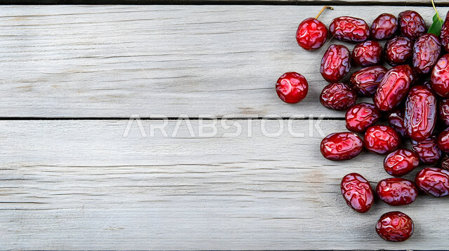 تمر سكري صحي طازج, وجبة ذات قيمة غذائية عالية، صورة مقربة لحبات الرطب من نخيل المملكة العربية السعودية على قاعدة خشبية، محاصيل ومنتجات زراعية محلية وطنية سعودية، ضيافة رمضانية لذيذة