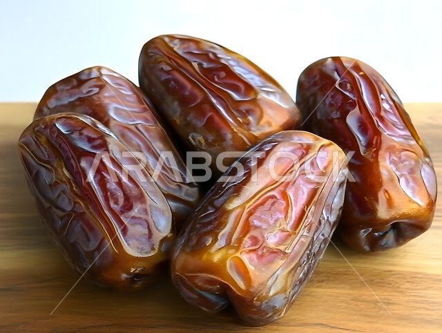 وجبة ذات قيمة غذائية عالية، صورة مقربة لحبات الرطب من نخيل المملكة العربية السعودية على قاعدة خشبية، تمر سكري صحي طازج, محاصيل ومنتجات زراعية محلية وطنية سعودية، ضيافة رمضانية لذيذة, خلفية بيضاء