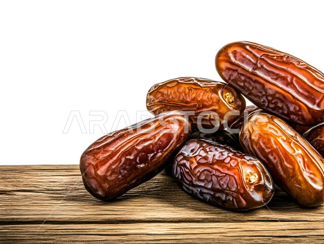محاصيل ومنتجات زراعية محلية وطنية سعودية، وجبة ذات قيمة غذائية عالية، صورة مقربة لحبات الرطب من نخيل المملكة العربية السعودية على قاعدة خشبية، تمر سكري صحي طازج, ضيافة رمضانية لذيذة, خلفية بيضاء