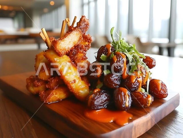 A meal with high nutritional value, a close-up of date palms from the Kingdom of Saudi Arabia on a wooden base, fresh healthy sugar dates, local Saudi national agricultural crops and products, delicious Ramadan hospitality