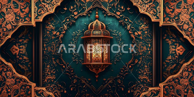 بطاقة تهنئة للاحتفال بقدوم عيد مولد النبوي ،  فوانيس و تحف اسلامية تقليدية ،الفن الاسلامي للزينة والاكسسوارات، فانوس عربي معدني مزخرف مضيء