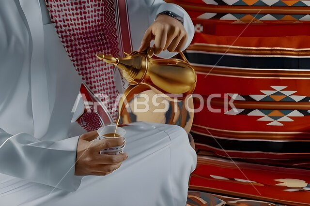 حسن الإستقبال وفق العادات والتقاليد الأصيلة, الاستمتاع بشرب البن العربي، التمسك بالقيم الكريمة المتوارثة من الأجداد، صورة مقربة لرجل عربي خليجي سعودي يقوم بصب القهوة في الفنجان، أساليب عريقة في كرم الضيافة