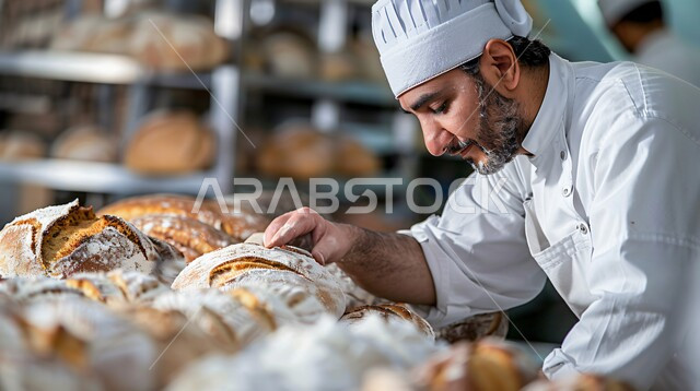تحضير المخبوزات والفطائر الشهية، مجموعة من المعجنات السهلة والسريعة بأطعمة متنوعة، صورة مقربة لشيف عربي خليجي سعودي يرتدي الزي الخاص بمزاولة المهنة، مخبوزات شعبية طازجة