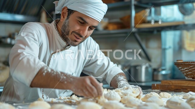 تحضير المخبوزات والفطائر الشهية، مجموعة من المعجنات السهلة والسريعة بأطعمة متنوعة، صورة مقربة لشيف عربي خليجي سعودي يرتدي الزي الخاص بمزاولة المهنة، مخبوزات شعبية طازجة