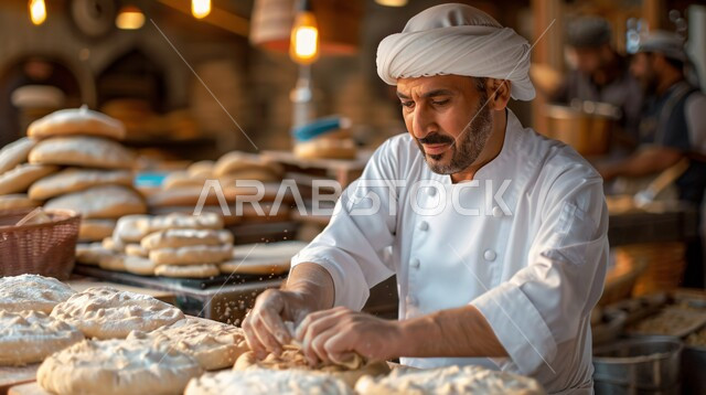 تحضير المخبوزات والفطائر الشهية، مجموعة من المعجنات السهلة والسريعة بأطعمة متنوعة، صورة مقربة لشيف عربي خليجي سعودي يرتدي الزي الخاص بمزاولة المهنة، مخبوزات شعبية طازجة