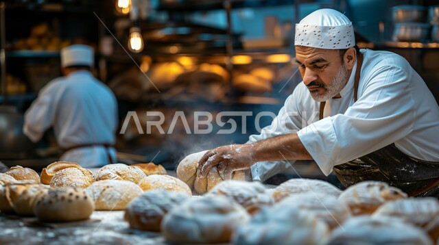 تحضير المخبوزات والفطائر الشهية، مجموعة من المعجنات السهلة والسريعة بأطعمة متنوعة، صورة مقربة لشيف عربي خليجي سعودي يرتدي الزي الخاص بمزاولة المهنة، مخبوزات شعبية طازجة