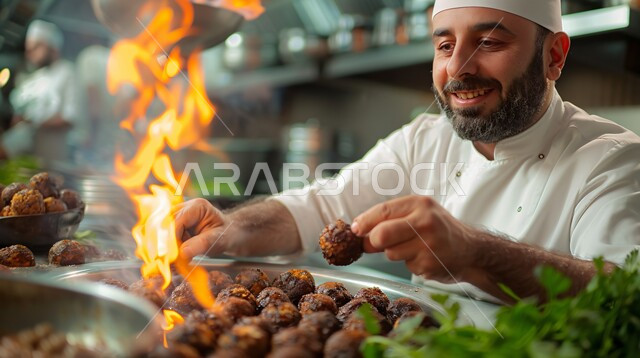 تحضير الطعام في مطابخ و مطاعم المملكة العربية السعودية، صورة مقربة لشيف عربي خليجي سعودي يقوم بطهي وإعداد الأطباق الشهية، أطعمة ومأكولات شرقية لذيذة، وجبة ذات قيمة غذائية عالية