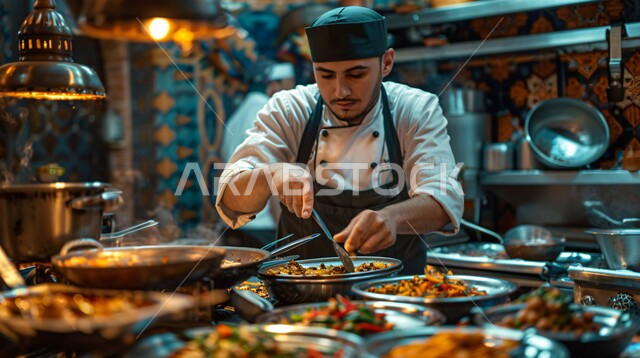 تحضير الطعام في مطابخ و مطاعم المملكة العربية السعودية، صورة مقربة لشيف عربي خليجي سعودي يقوم بطهي وإعداد الوجبات أمام المقلاة، أطعمة ومأكولات شرقية لذيذة، وجبة ذات قيمة غذائية عالية