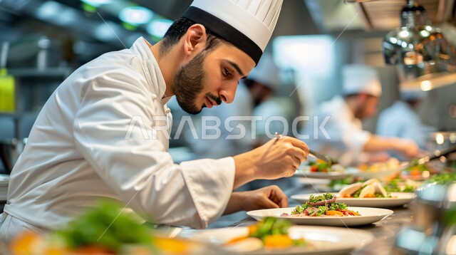 Preparing food in the kitchens and restaurants of the Kingdom of Saudi Arabia, a close-up of a Saudi Arabian Gulf chef cooking and preparing delicious dishes, delicious oriental foods and dishes, a meal with high nutritional value