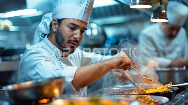 تحضير الطعام في مطابخ و مطاعم المملكة العربية السعودية، صورة مقربة لشيف عربي خليجي سعودي يقوم بطهي وإعداد الوجبات أمام المقلاة، أطعمة ومأكولات شرقية لذيذة، وجبة ذات قيمة غذائية عالية