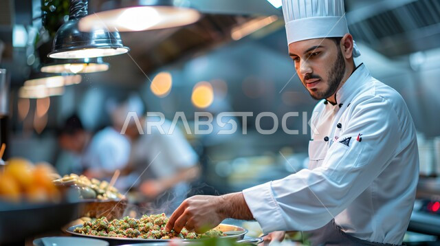 تحضير الطعام في مطابخ و مطاعم المملكة العربية السعودية، صورة مقربة لشيف عربي خليجي سعودي يقوم بطهي وإعداد الأطباق الشهية، أطعمة ومأكولات شرقية لذيذة، وجبة ذات قيمة غذائية عالية