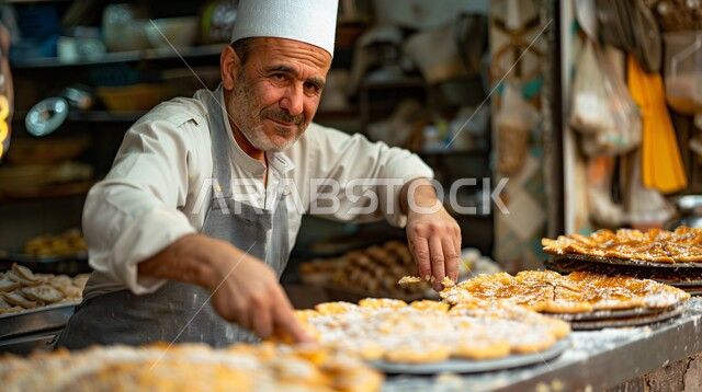 إتقان مهارة إعداد المخبوزات والمعجنات في مطابخ المملكة العربية السعودية، صورة مقربة لشيف عربي خليجي سعودي يقوم بطهي وإعداد الأطباق الشهية، أطعمة ومأكولات شرقية لذيذة، مكونات ووصفات عربية