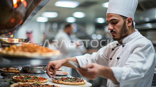 إتقان مهارة إعداد المخبوزات والمعجنات في مطابخ المملكة العربية السعودية، صورة مقربة لشيف عربي خليجي سعودي يقوم بطهي وإعداد الأطباق الشهية، أطعمة ومأكولات شرقية لذيذة، مكونات ووصفات عربية