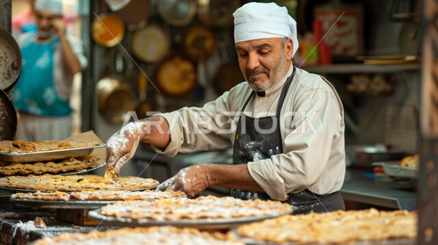 إتقان مهارة إعداد المخبوزات والمعجنات في مطابخ المملكة العربية السعودية، صورة مقربة لشيف عربي خليجي سعودي يقوم بطهي وإعداد الأطباق الشهية، أطعمة ومأكولات شرقية لذيذة، مكونات ووصفات عربية