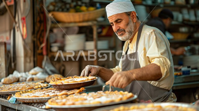Mastering the skill of preparing baked goods and pastries in the kitchens of the Kingdom of Saudi Arabia, a close-up image of a Saudi Arabian Gulf chef cooking and preparing delicious dishes, delicious oriental foods and dishes, Arabic ingredients and recipes