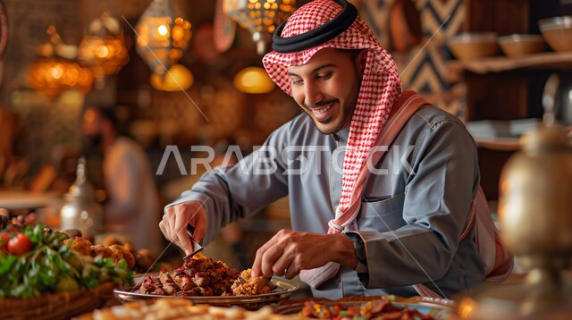 إعداد الطعام للزبائن في المطعم, وصفات المأكولات والمقبلات الشرقية، صورة مقربة لشيف عربي خليجي سعودي يرتدي الزي الخاص بمزاولة المهنة مع الشماغ التقليدي يقوم بطهي وإعداد الأطباق الشهية، أطعمة ومأكولات عربية لذيذة