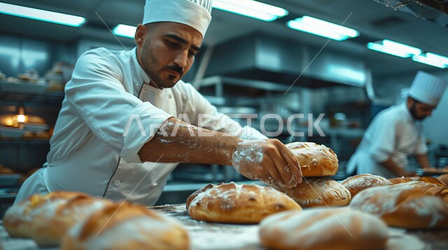 إتقان مهارة إعداد المخبوزات والمعجنات في مطابخ المملكة العربية السعودية، صورة مقربة لشيف عربي خليجي سعودي يقوم بطهي وإعداد الأطباق الشهية، أطعمة ومأكولات شرقية لذيذة، مكونات ووصفات عربية