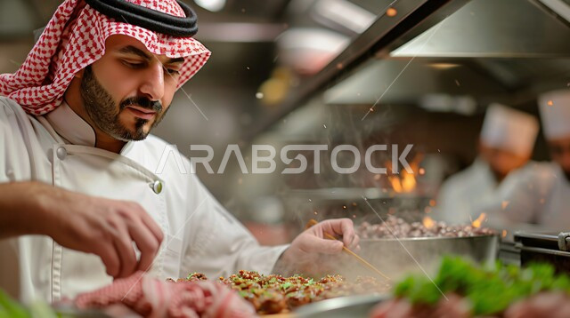 إعداد الطعام للزبائن في المطعم, وصفات المأكولات والمقبلات الشرقية، صورة مقربة لشيف عربي خليجي سعودي يرتدي الزي الخاص بمزاولة المهنة مع الشماغ التقليدي يقوم بطهي وإعداد الأطباق الشهية، أطعمة ومأكولات عربية لذيذة