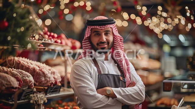 Professionalism in the profession and art of cooking, a close-up of a Saudi Arabian Gulf chef wearing a traditional costume with a shemagh and a kitchen apron standing with his hands folded in gestures of happiness and self-confidence, the art of preparing and presenting various dishes, working in the kitchens and restaurants of the Kingdom of Saudi Arabia