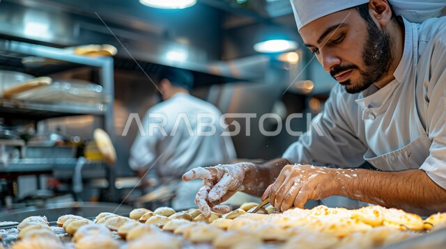 فن الطهي والخبز وإعداد الحلويات, المأكولات العربية الشعبية, حلويات من المطبخ السعودي ،صورة مقربة لشيف عربي خليجي سعودي يرتدي زي الطهاة ويقوم بتجضير وصفات الحلا الشرقية المميزة 
