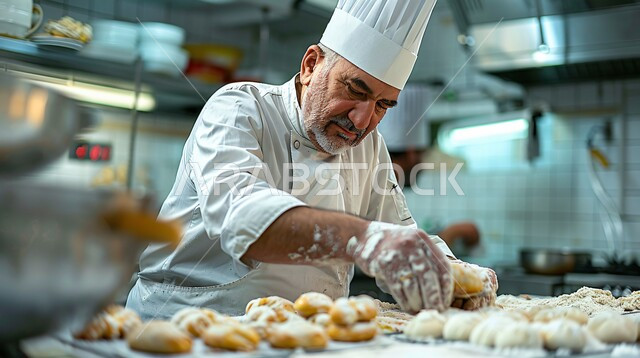فن الطهي والخبز وإعداد الحلويات, المأكولات العربية الشعبية, حلويات من المطبخ السعودي ،صورة مقربة لشيف عربي خليجي سعودي يرتدي زي الطهاة ويقوم بتجضير وصفات الحلا الشرقية المميزة 
