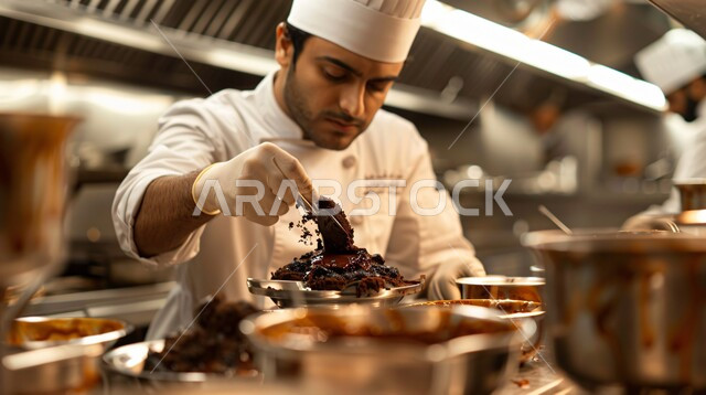 Making and preparing sweets, serving sweets on occasions and holidays, a close-up of a Saudi Arabian Gulf chef wearing a chef's uniform making delicious chocolate, working in the kitchens and restaurants of the Kingdom of Saudi Arabia