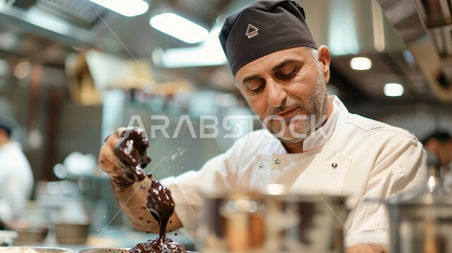 صناعة وإعداد الحلويات, تقديم السكريات في المناسبات والأعياد، صورة مقربة لشيف عربي خليجي سعودي يرتدي زي الطهاة يقوم بصناعة الشوكولا اللذيذة، العمل في مطابخ ومطاعم المملكة العربية السعودية