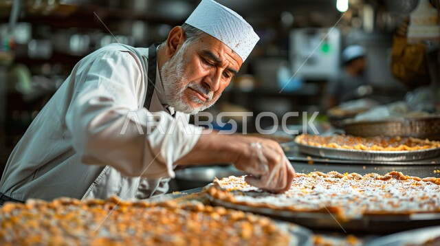 فن الطهي والخبز وإعداد الحلويات, المأكولات العربية الشعبية, حلويات من المطبخ السعودي ،صورة مقربة لشيف عربي خليجي سعودي يرتدي زي الطهاة ويقوم بتجضير وصفات الحلا الشرقية المميزة 