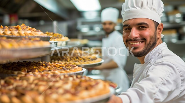 فن الطهي والخبز وإعداد الحلويات, المأكولات العربية الشعبية, حلويات من المطبخ السعودي ،صورة مقربة لشيف عربي خليجي سعودي يرتدي زي الطهاة ويقوم بتجضير وصفات الحلا الشرقية المميزة 